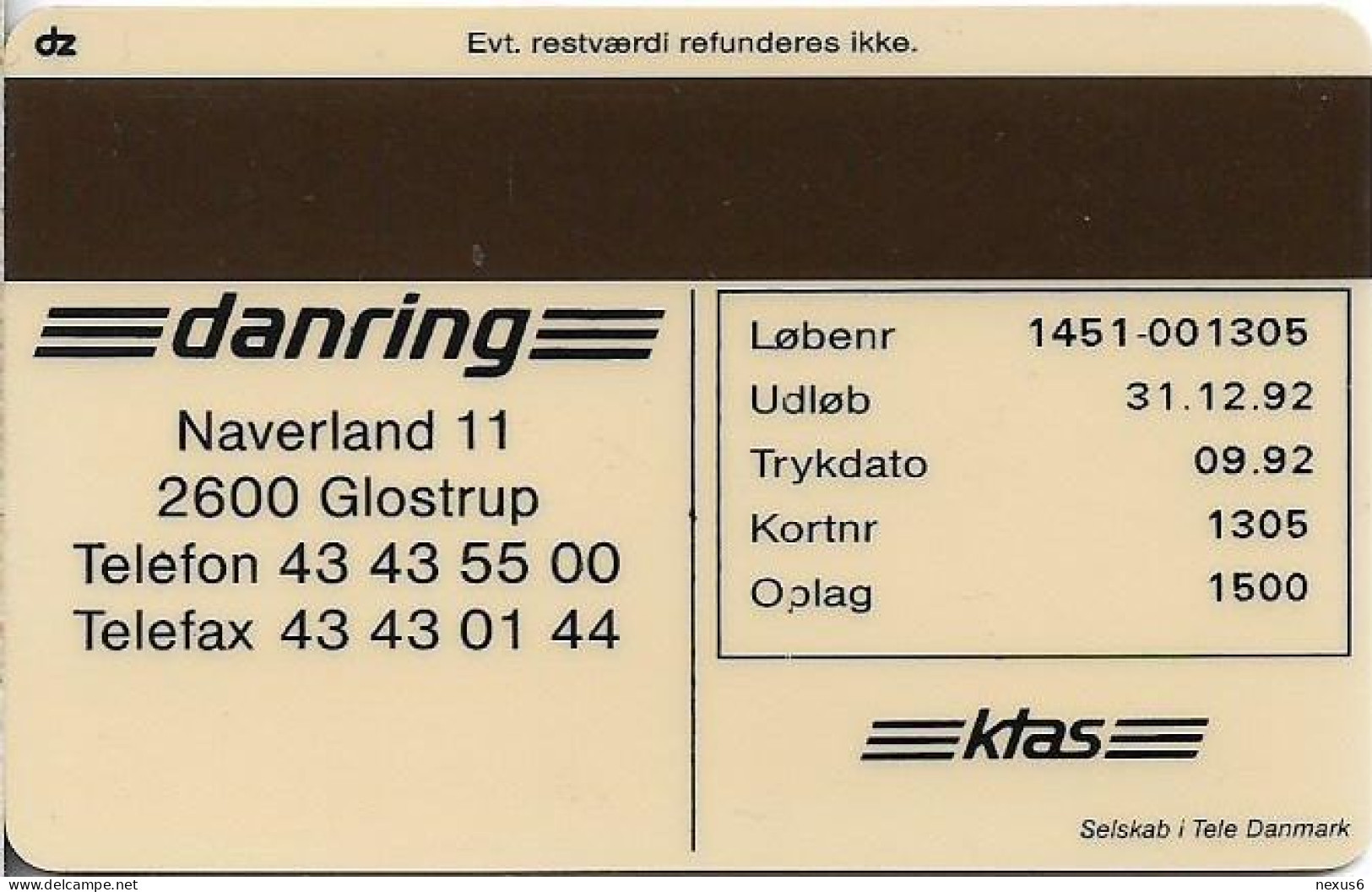 Denmark - KTAS - Danring - TDKP005 - 09.1992, 10kr, 1.500ex, Used - Dänemark