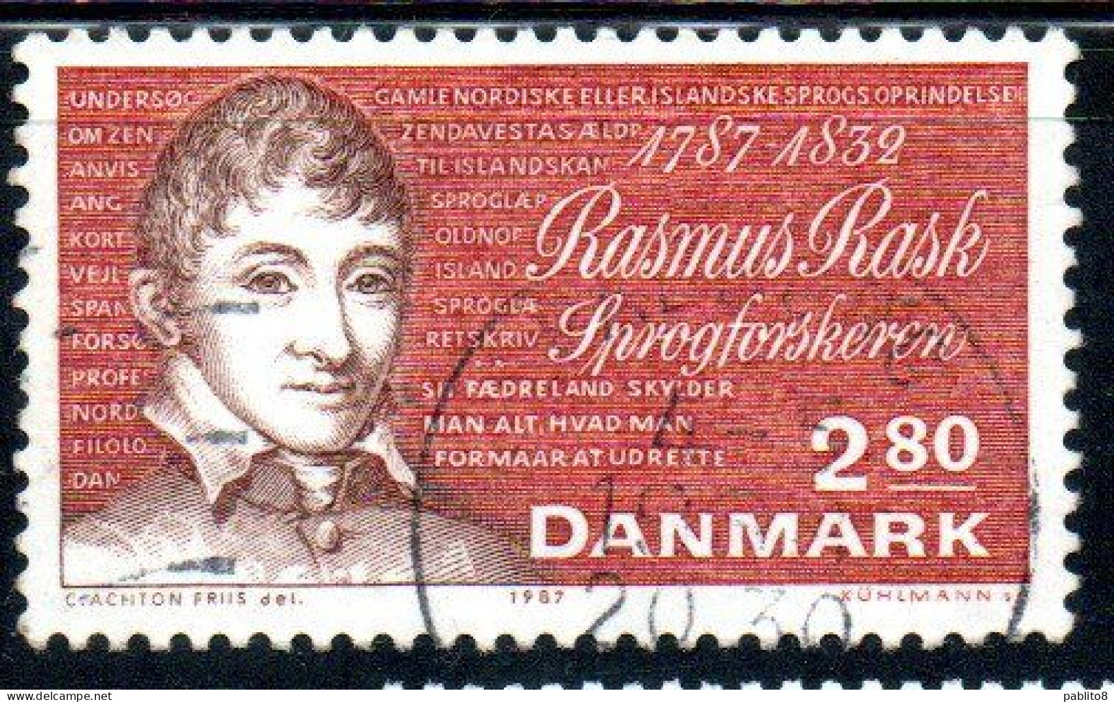 DANEMARK DANMARK DENMARK DANIMARCA 1987 RASMUS RASK LINGUIST 2.80k USED USATO OBLITERE' - Used Stamps