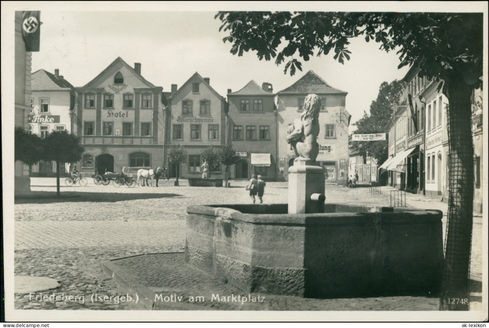 Postcard Friedeberg (Isergebirge) Mirsk Marktplatz, Hotel 1936 - Schlesien