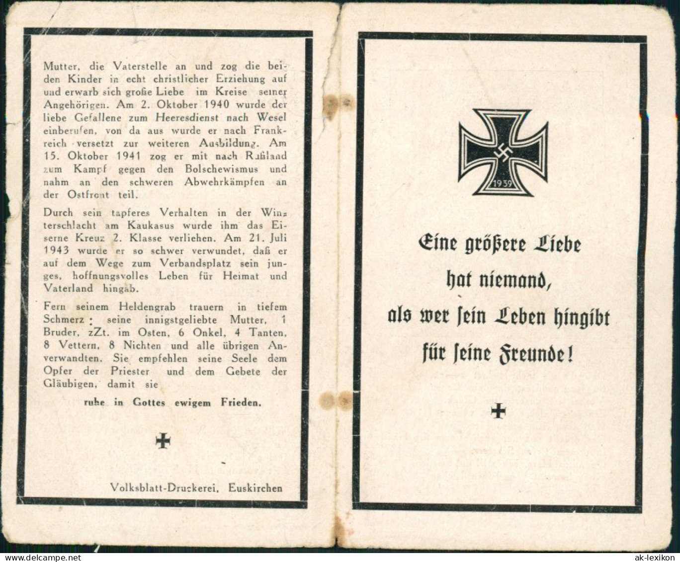 Todesanzeig Soldat 2. WK Volksblatt Euskirchen 1941 - Autres & Non Classés