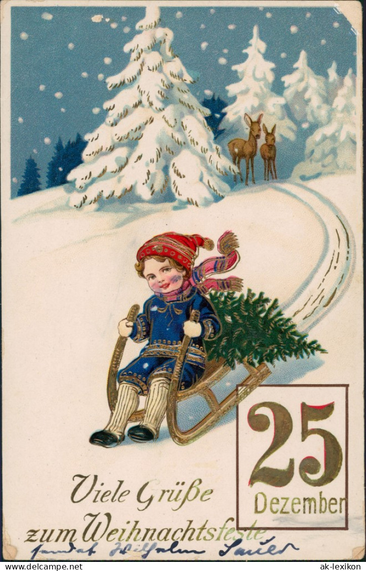 Glückwunsch/Grußkarten: Weihnachten Schlitten 25. Dez. GoldPrägeAK 1915 Goldrand - Autres & Non Classés