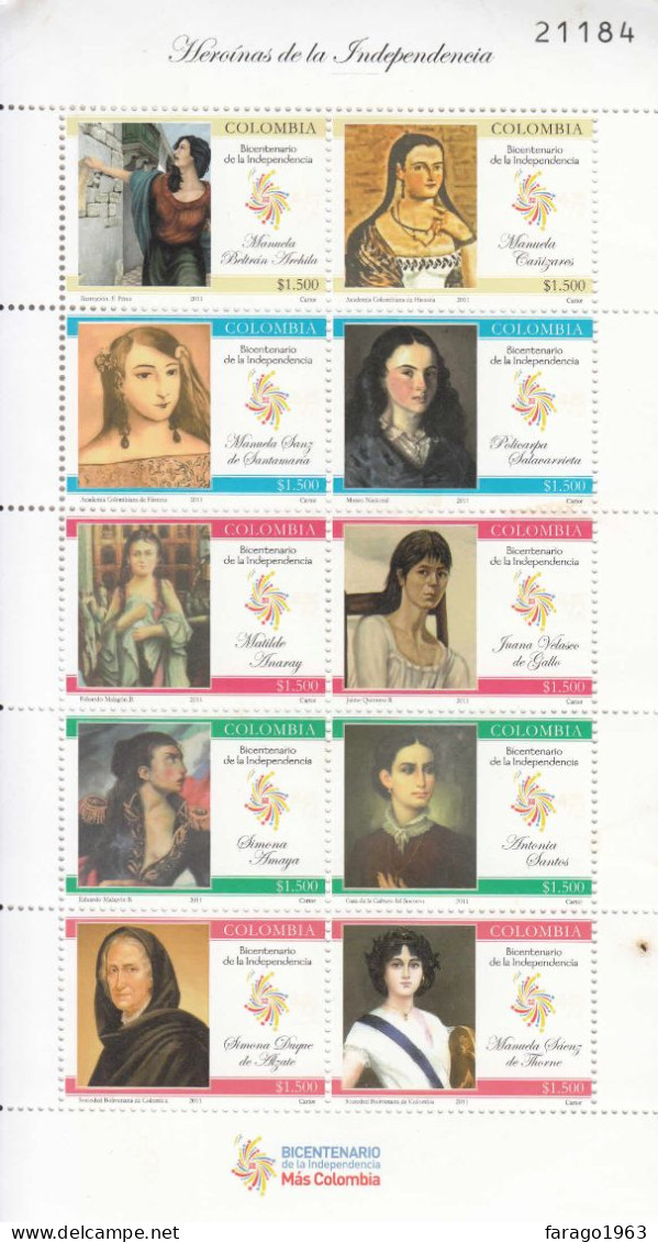 2011 Colombia Heroines Of Independence Women Miniature Sheet Of 10 MNH (Dirt Spot Bottom Right) - Colombie