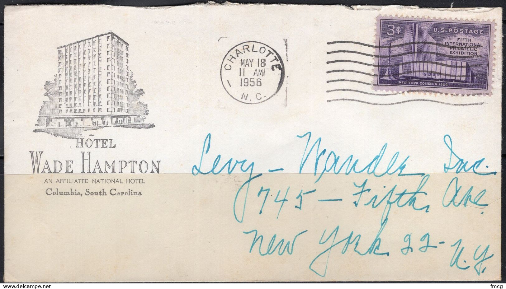 1956 Charlotte North Carolina (May 18) Hotel Wade Hampton - Covers & Documents