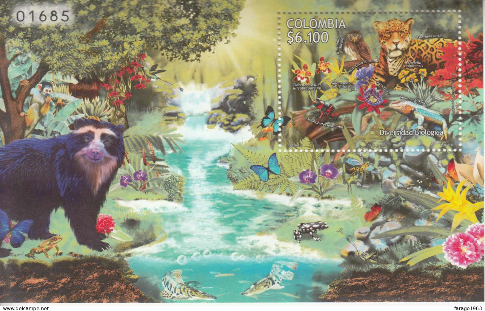 2011 Colombia Biodiversity Fauna Cats Birds Frogs Flowers Souvenir Sheet MNH - Colombie