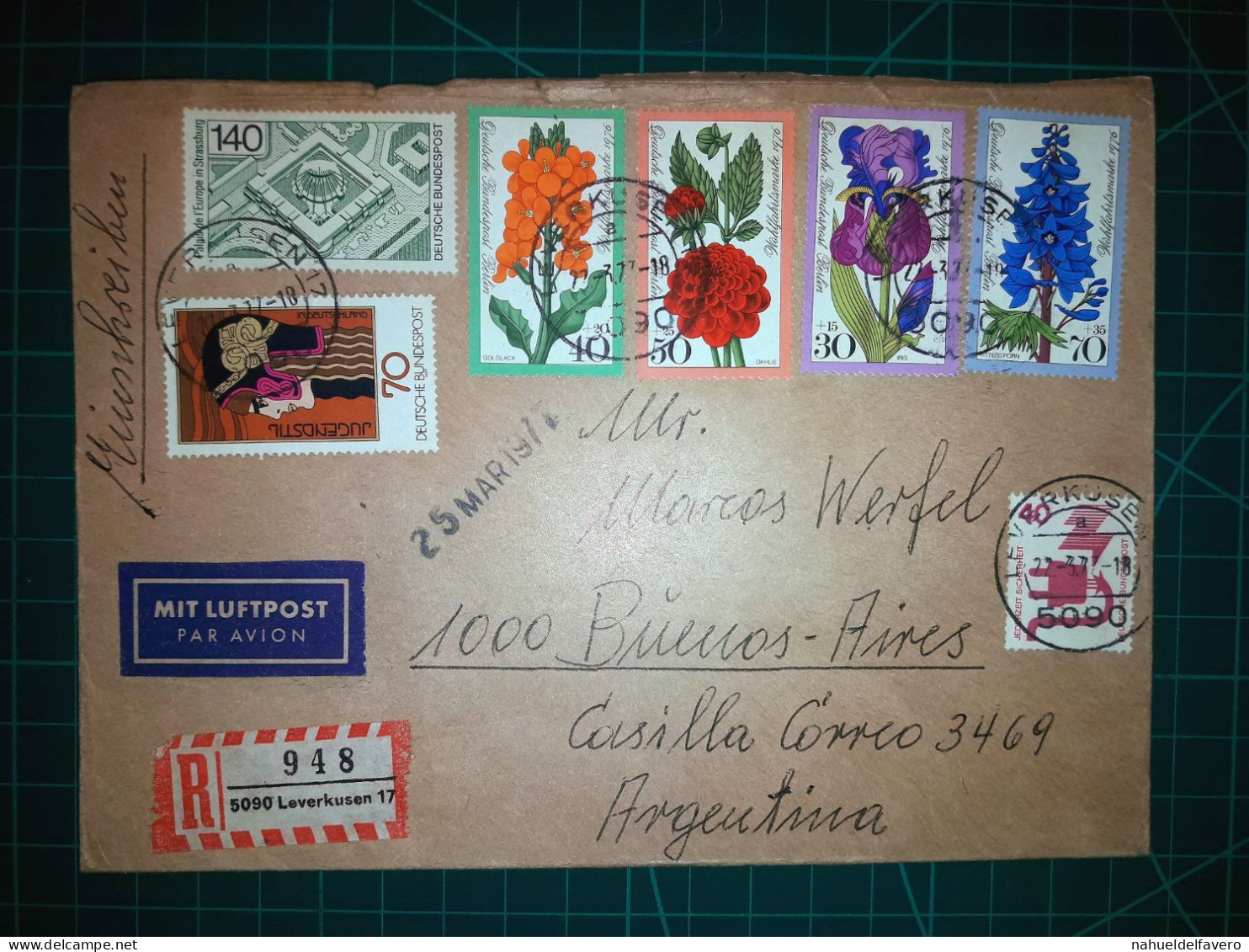 ALLEMAGNE, Enveloppe Envoyée Par Avion à Buenos Aires, Argentine, Avec Divers Timbres Postés Par Flores De La Région Et - Used Stamps