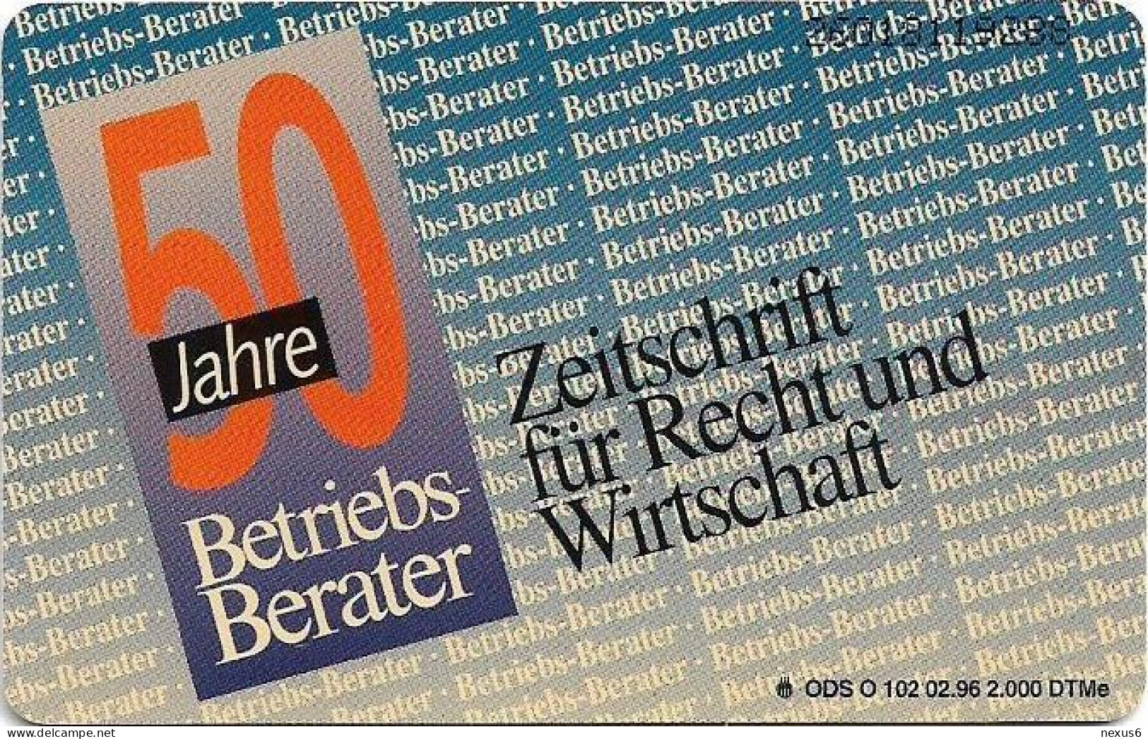 Germany - 50 Jahre Zeitschrift Betriebsberater - O 0102 - 02.1996, 6DM, 2.000ex, Used - O-Serie : Serie Clienti Esclusi Dal Servizio Delle Collezioni