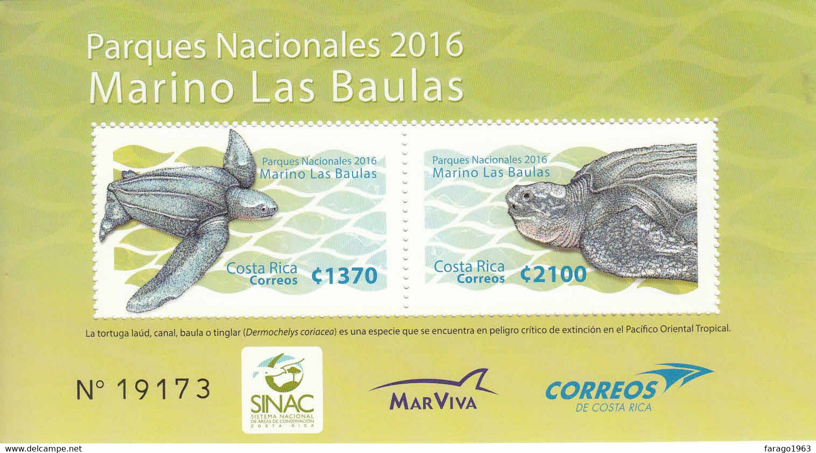 2016 Costa Rica Turtles Reptiles EMBOSSED Marine National Parks Souvenir Sheet MNH - Costa Rica