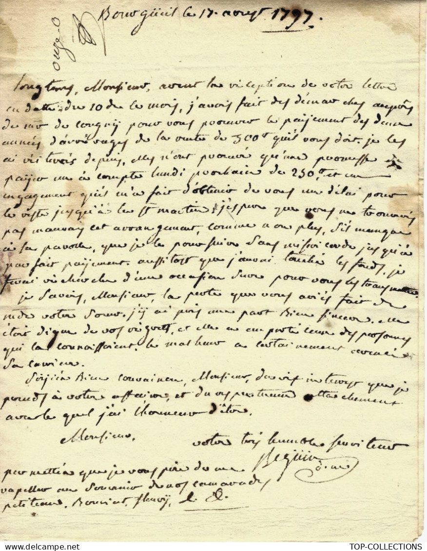 1797 LETTRE Sign. à Bourgueil Viticulteur Pour Hubert (de) L’Auberdière NOBLESSE De TOURAINE V.HISTORIQUE - Historical Documents