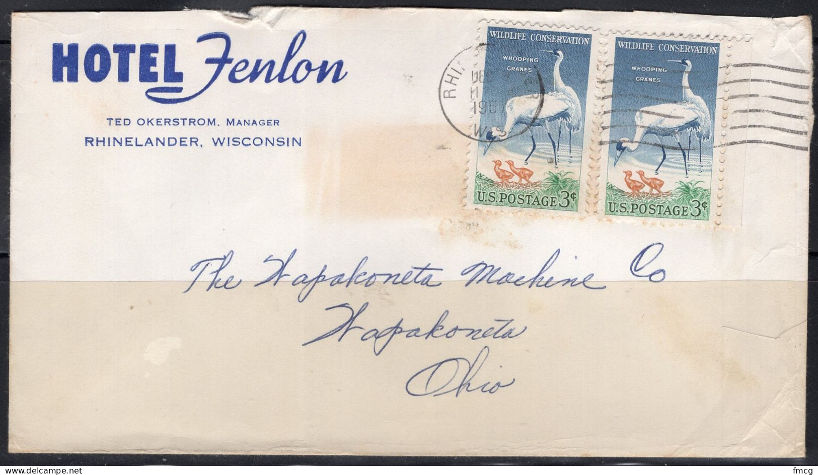 1957 Rhinelander Wisconsin (Dec) Hotel Fenlon - Covers & Documents