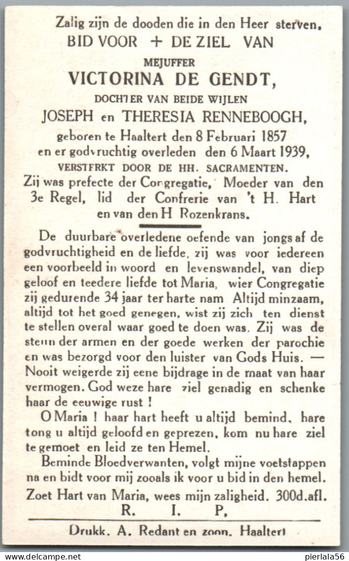 Bidprentje Haaltert - De Gendt Victorina (1857-1939) - Images Religieuses