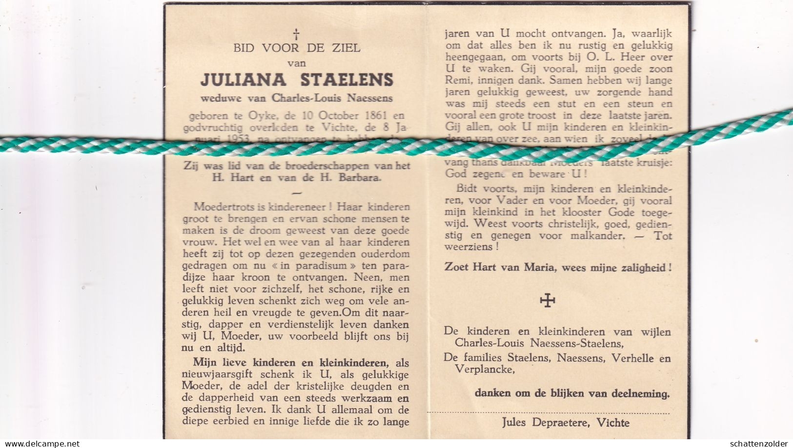 Juliana Staelens-Naessens, Oyke 1861, Vichte 1953 - Décès