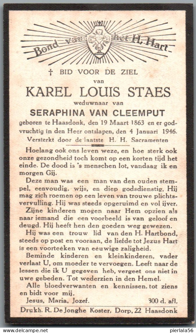 Bidprentje Haasdonk - Staes Karel Louis (1863-1946) - Images Religieuses