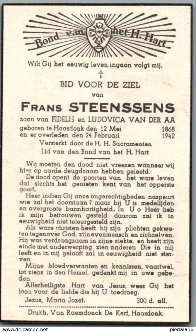 Bidprentje Haasdonk - Steenssens Frans (1868-1942) - Images Religieuses