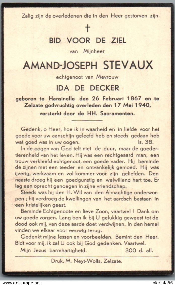 Bidprentje Haasdonk - Stevaux Amand Joseph (1867-1940) - Santini