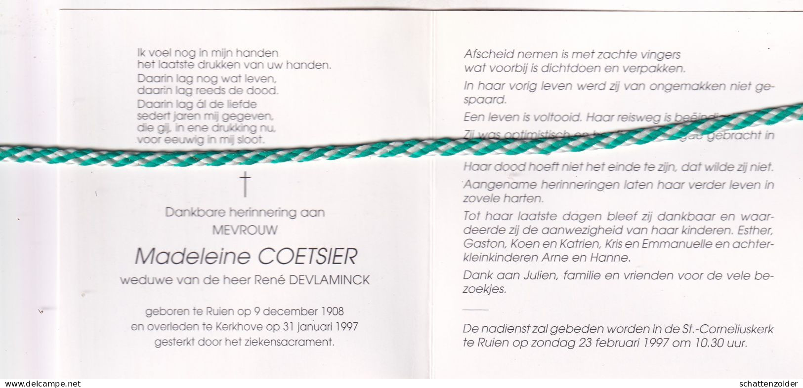 Madeleine Coetsier-Devlaminck, Ruien 1908, Kerkhove 1997. Foto - Obituary Notices