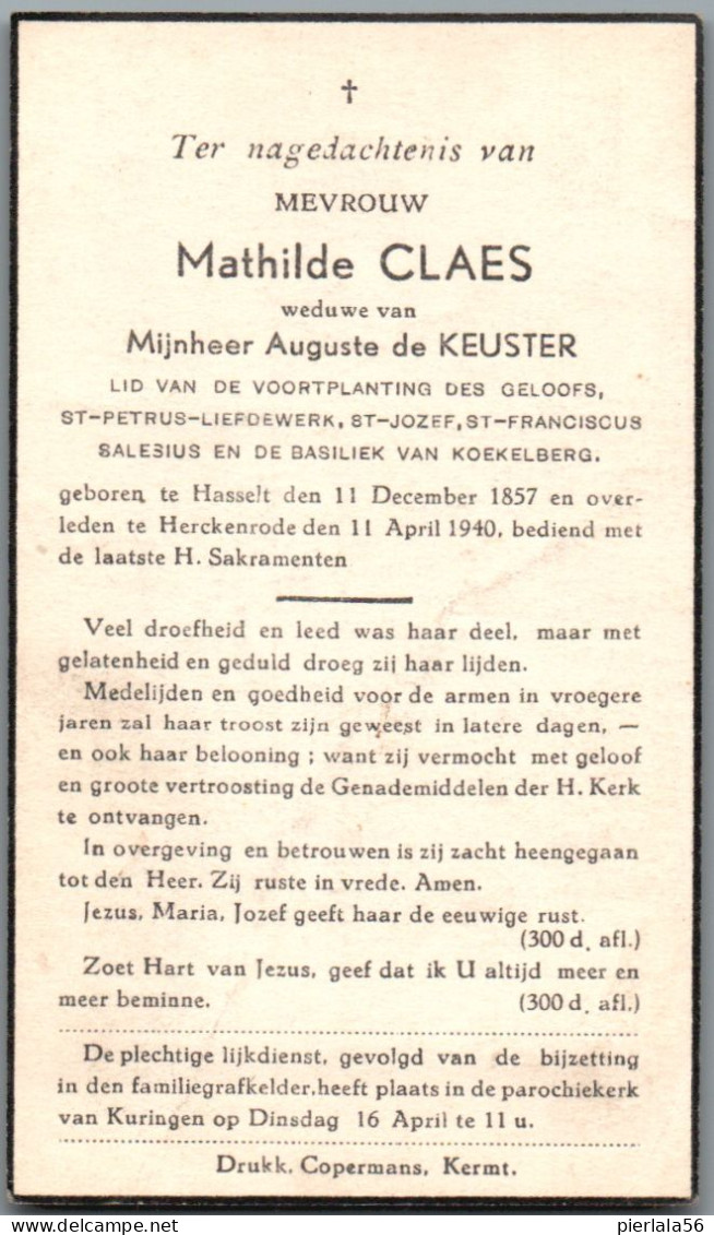 Bidprentje Hasselt - Claes Mathilde (1857-1940) - Santini