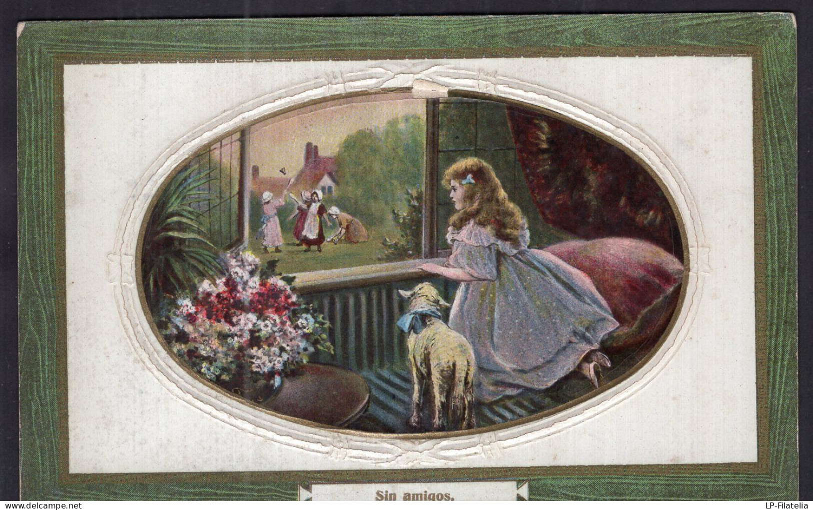 Postcard - 1910 - Drawing - Girl With Little Lamb Looking Out A Window - Dessins D'enfants
