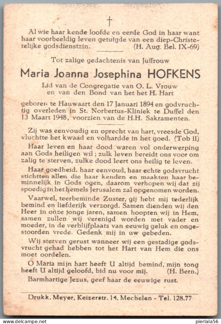 Bidprentje Hauwaart - Hofkens Maria Joanna Josephina (1894-1948) - Devotion Images