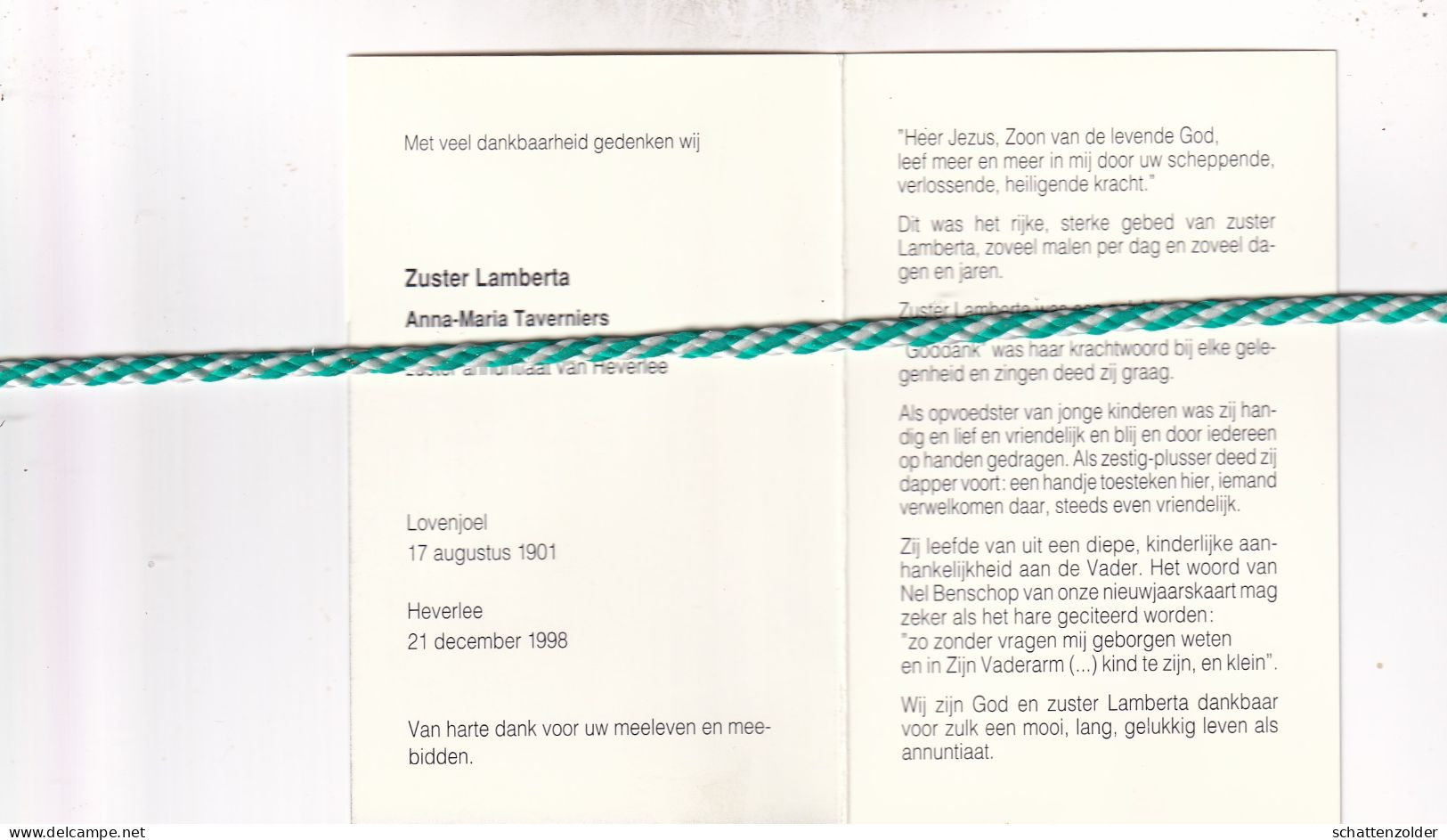 Zuster Lamberta (Anna-Maria Taverniers), Lovenjoel 1901, Heverlee 1998. Foto - Overlijden