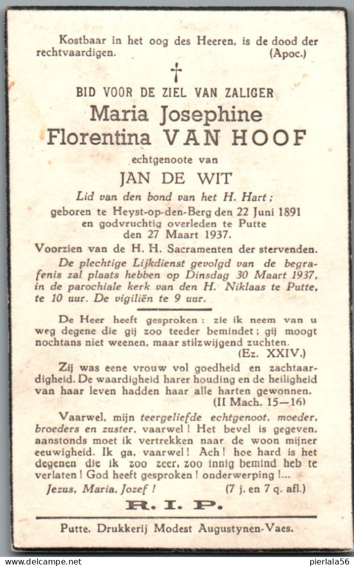 Bidprentje Heist-o/d-Berg - Van Hoof Maria Josephine Florentina (1891-1937) - Images Religieuses