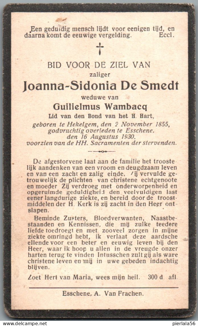 Bidprentje Hekelgem - De Smedt Joanna Sidonia (1855-1930) - Santini
