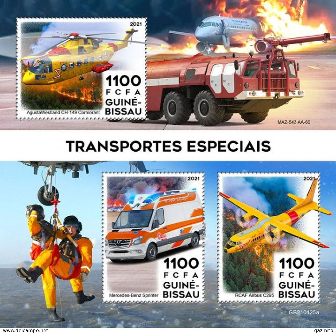 Guinea Bissau 2021, Transport, Helicopter, Plane, Fire Engine, Ambulance, 3val In BF - Guinée-Bissau
