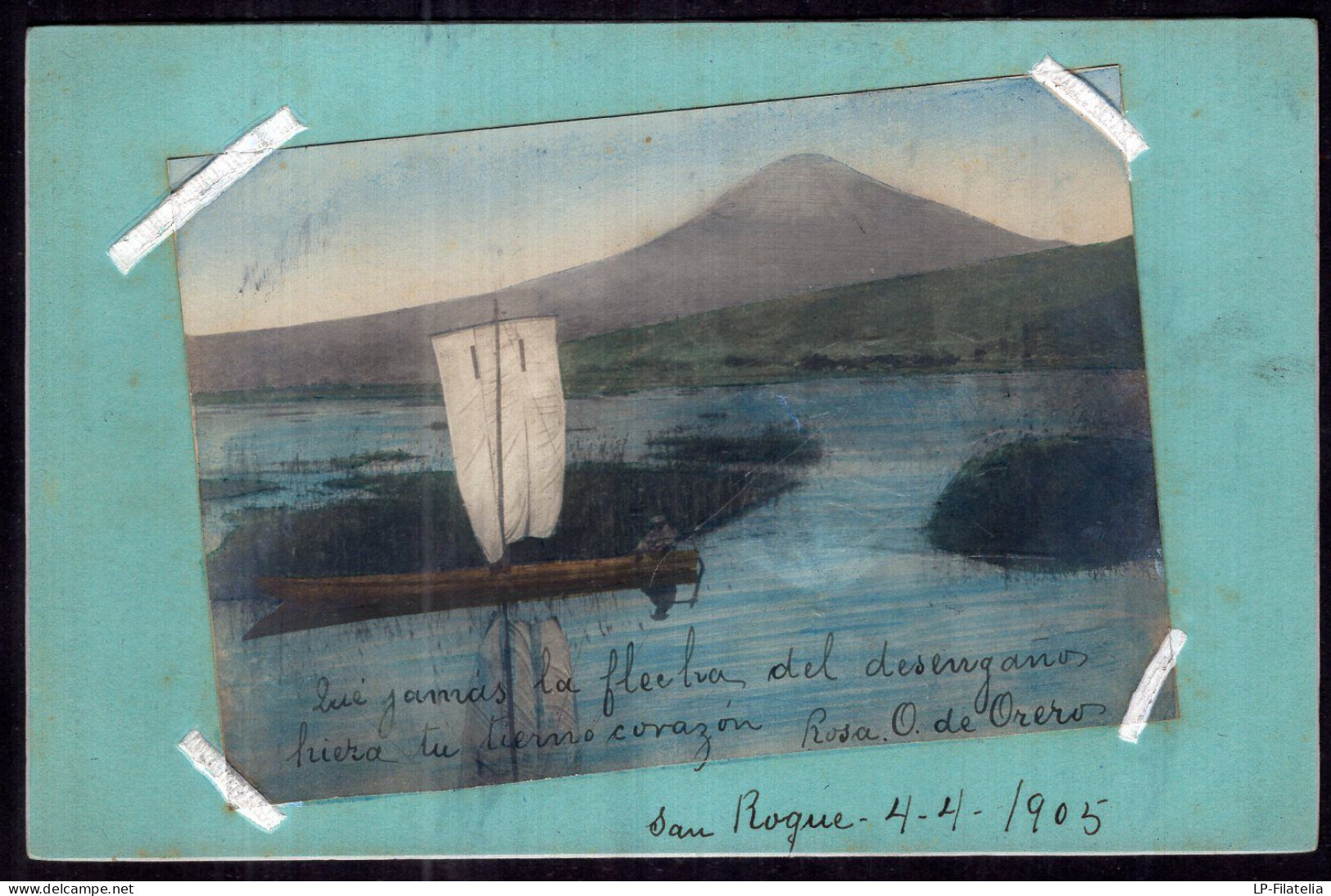 Postcard - 1905 - Drawing - Sail Boat And A Mountain - Voiliers