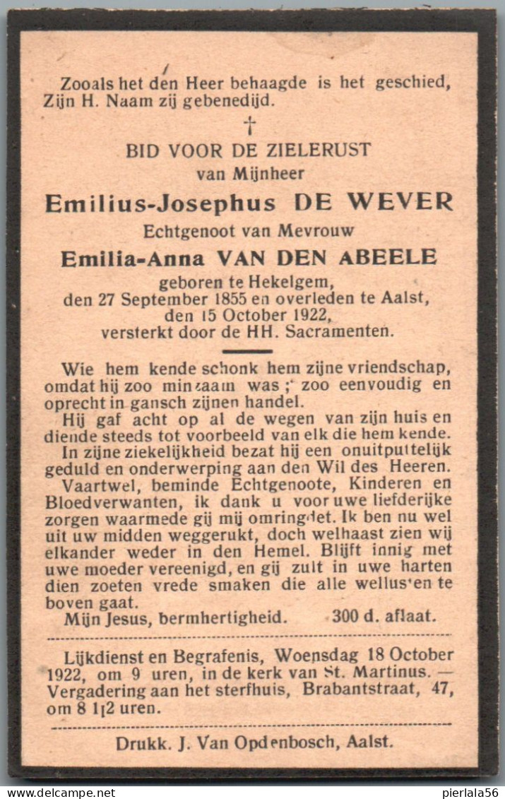 Bidprentje Hekelgem - De Wever Emilius Josephus (1855-1922) - Images Religieuses