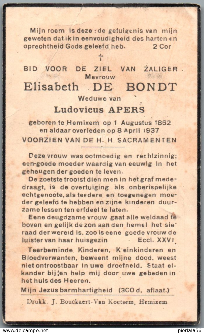 Bidprentje Hemiksem - De Bondt Elisabeth (1862-1937) Plooi - Images Religieuses
