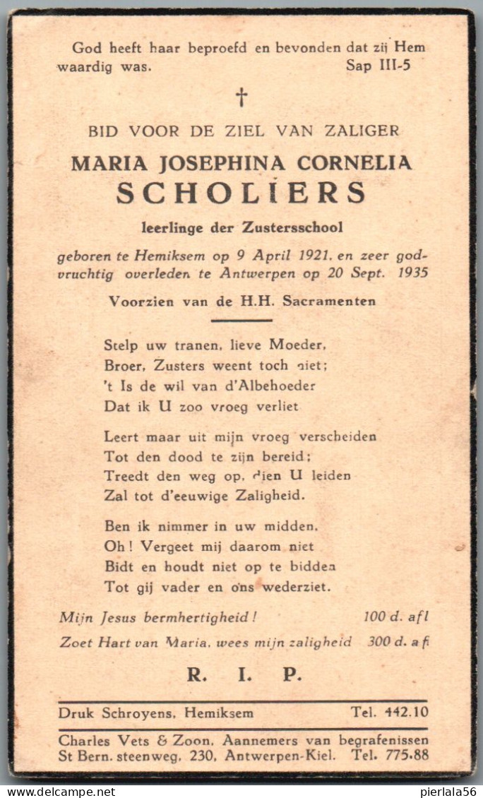 Bidprentje Hemiksem - Scholiers Maria Josephina Cornelia (1921-1935) - Devotion Images