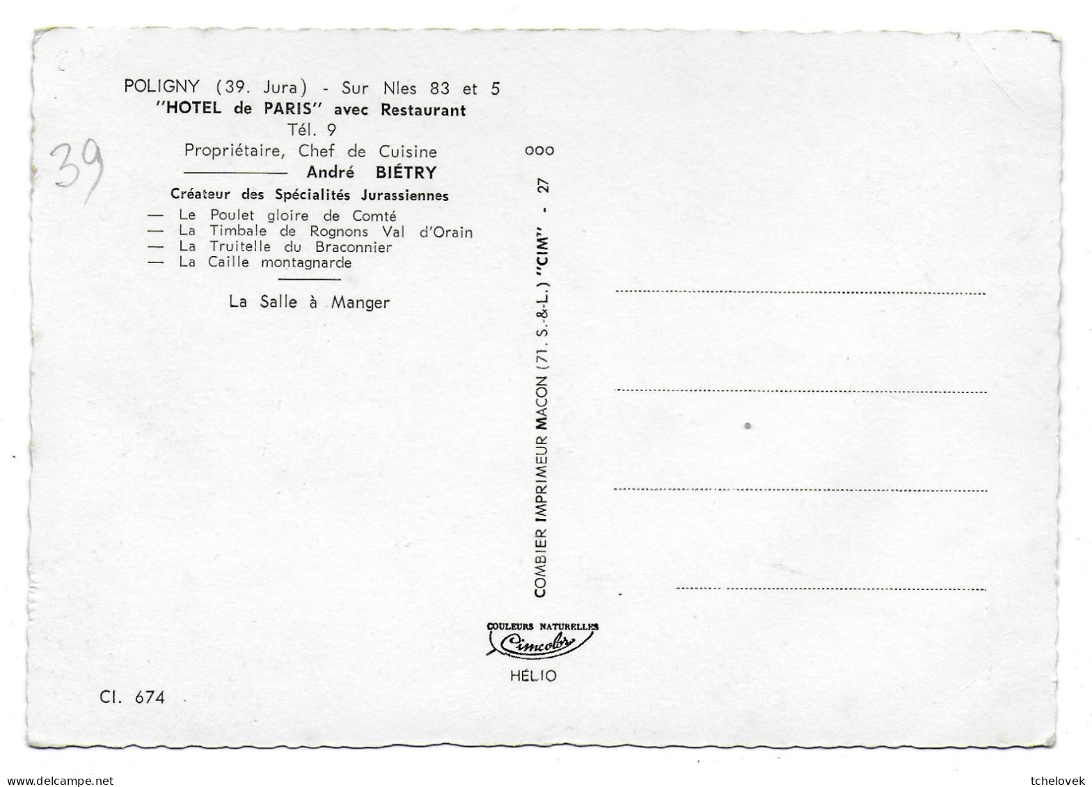 (39). Poligny. Jura. Ed Combier. CI 674 Hotel De Paris. La Salle à Manger - Poligny