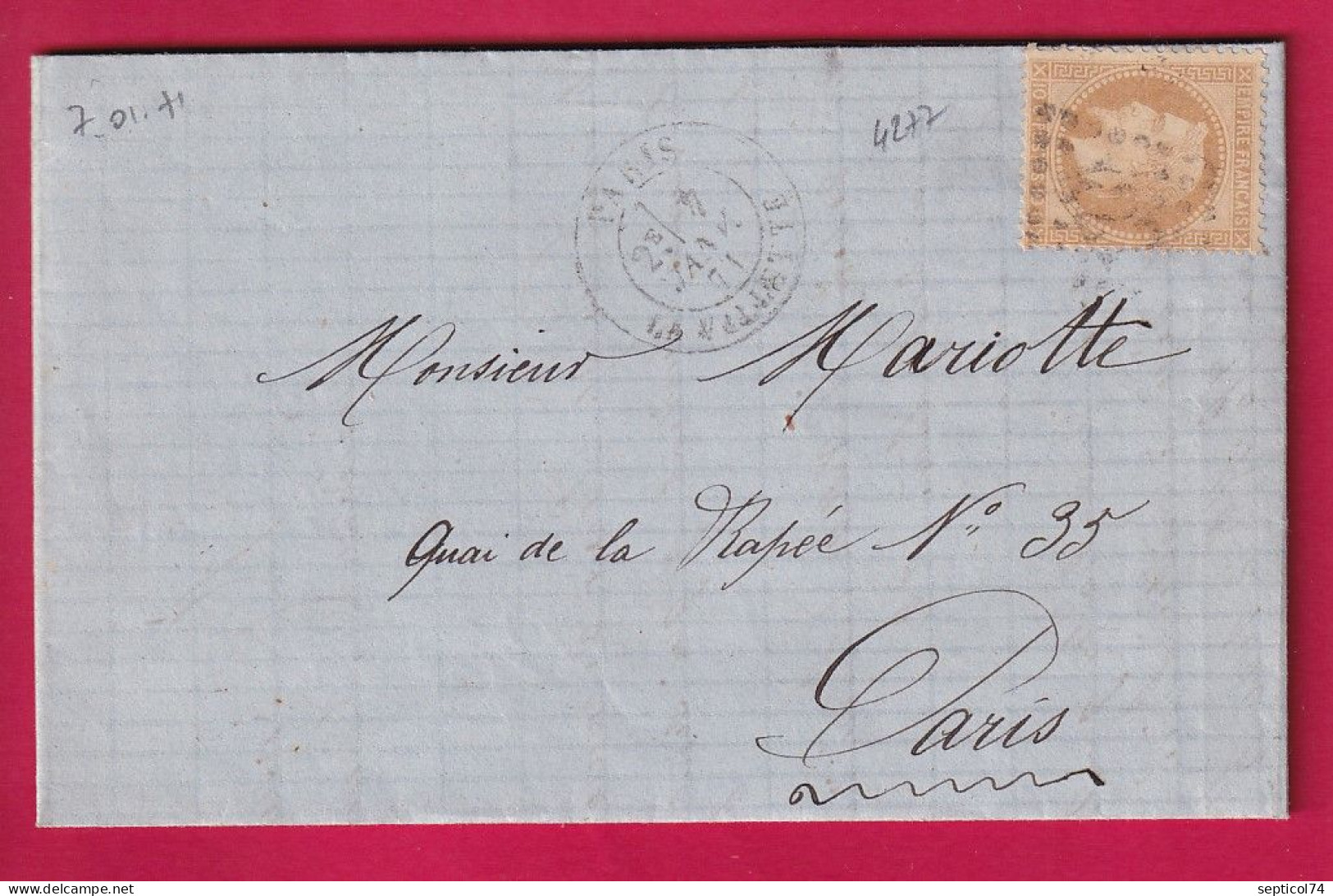 SIEGE DE PARIS N°28 PARIS LA VILETTE DU 7 JANVIER 1871 GC 4277 POUR PARIS LETTRE - Guerre De 1870