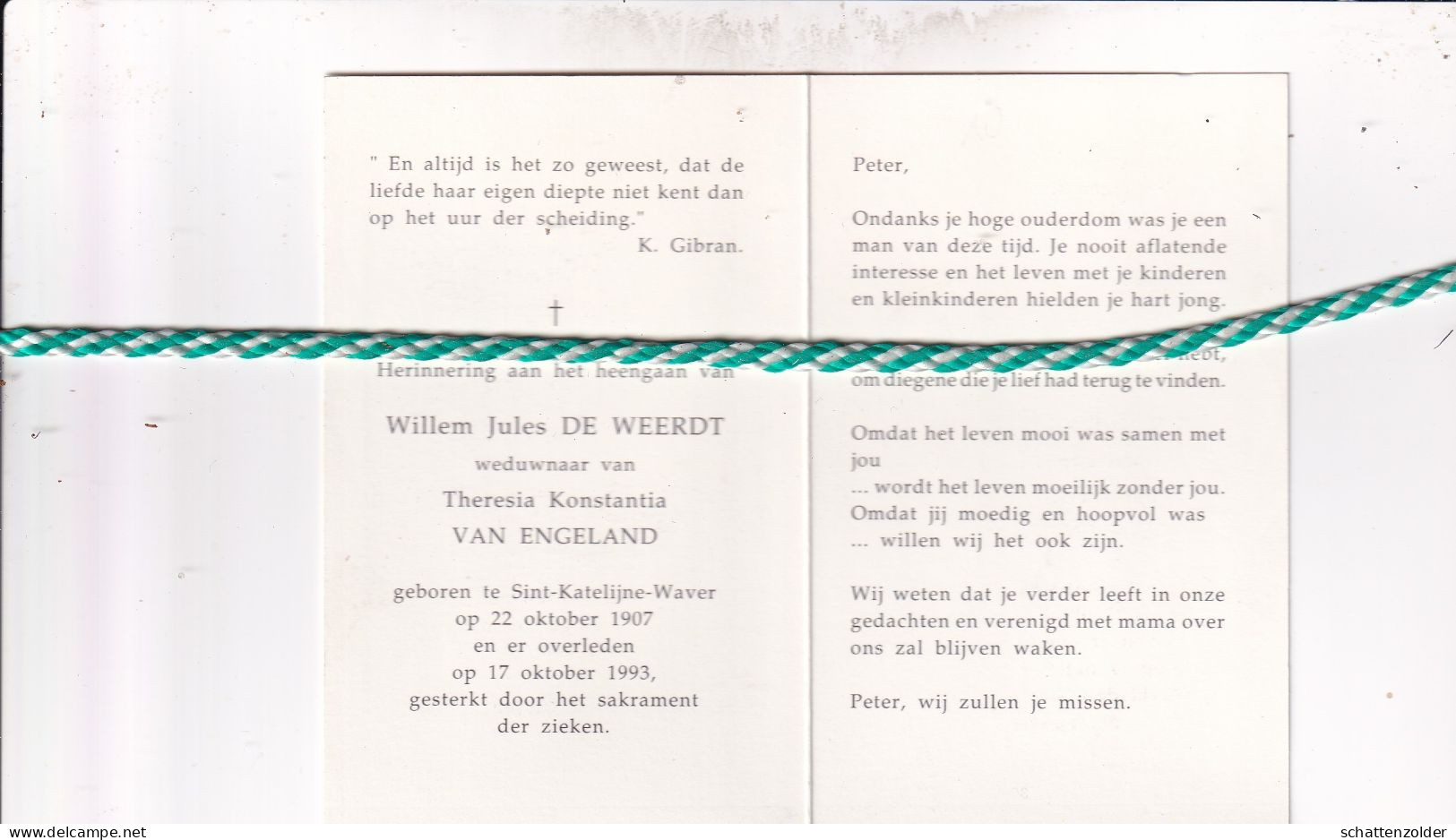 Willem Jules De Weerdt-Van Engeland, Sint-Katelijne-Waver 1907, 1993. Foto - Décès