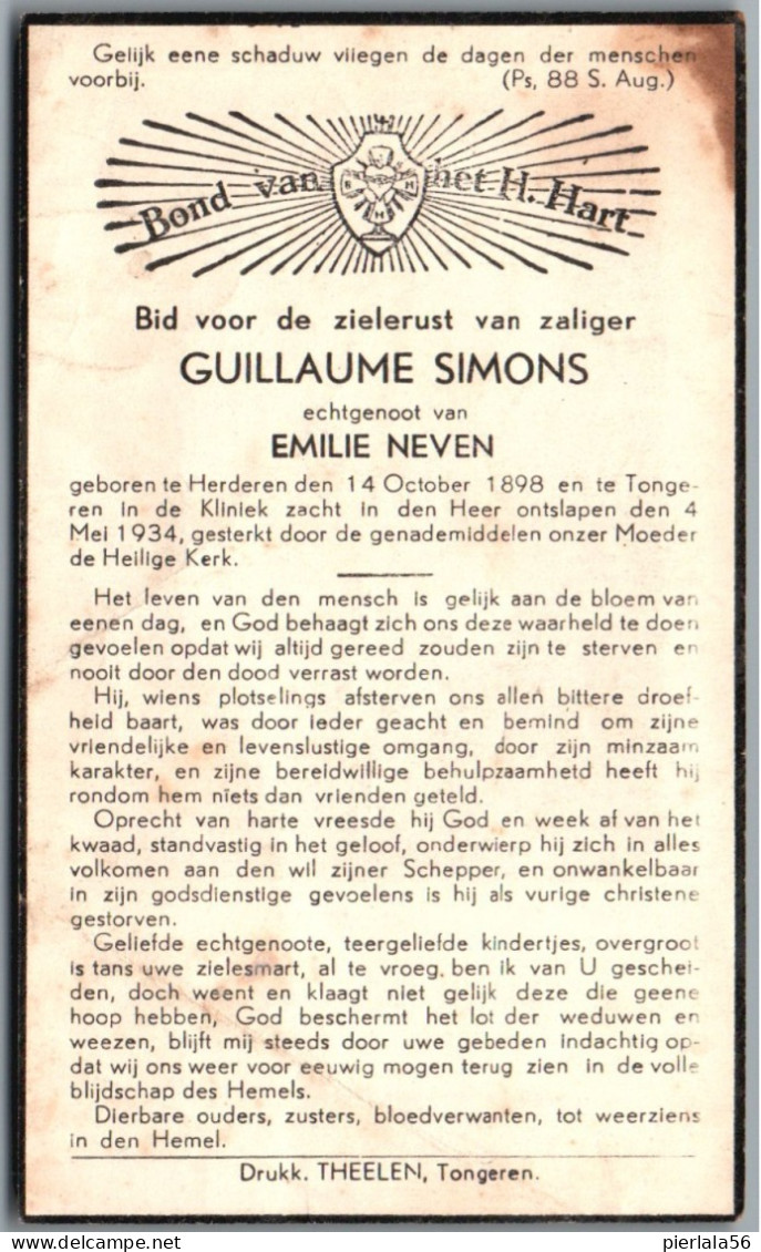 Bidprentje Herderen - Simons Guillaume (1898-1934) - Devotion Images