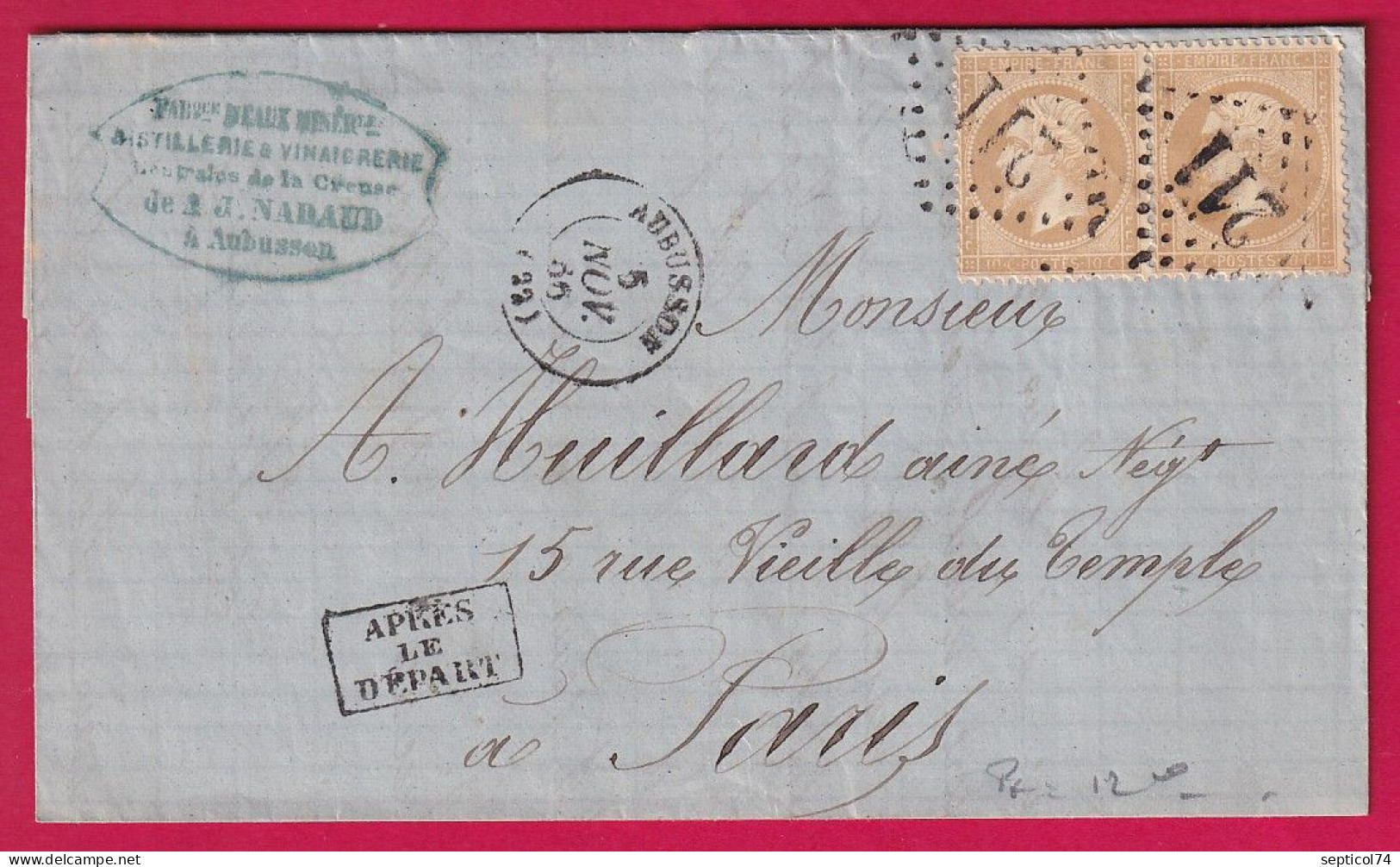 N°21 PAIRE GC 211 AUBUSSON CREUSE APRES LE DEPART POUR PARIS LETTRE - 1849-1876: Période Classique