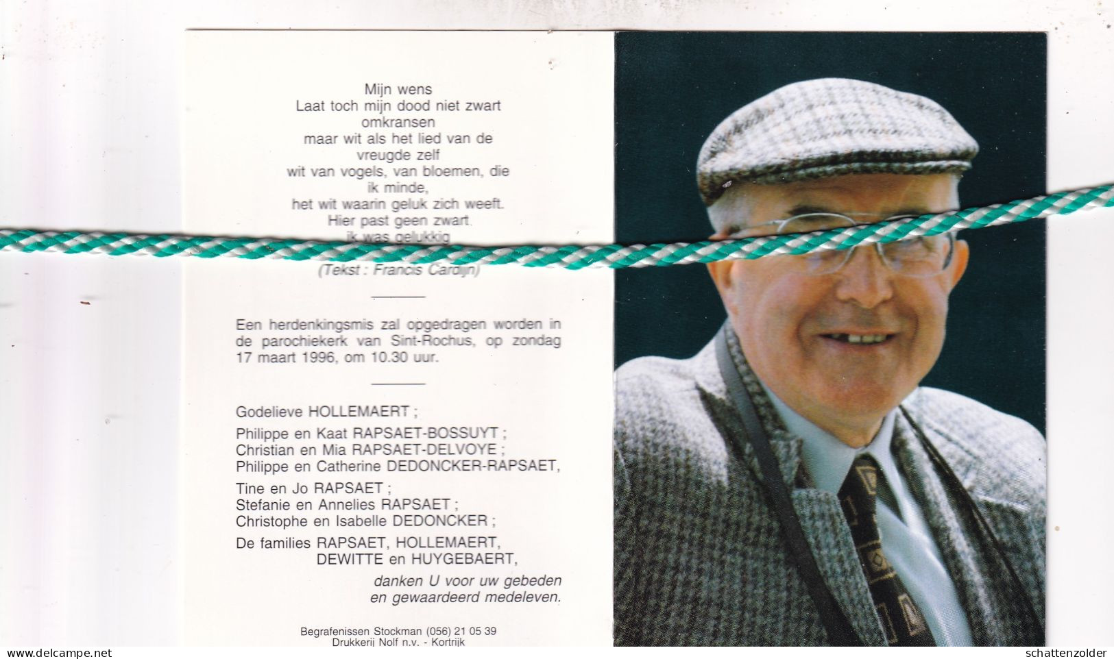 Jozef Rapsaet-Hollemaert, Kortrijk 1920, 1996. Foto - Décès