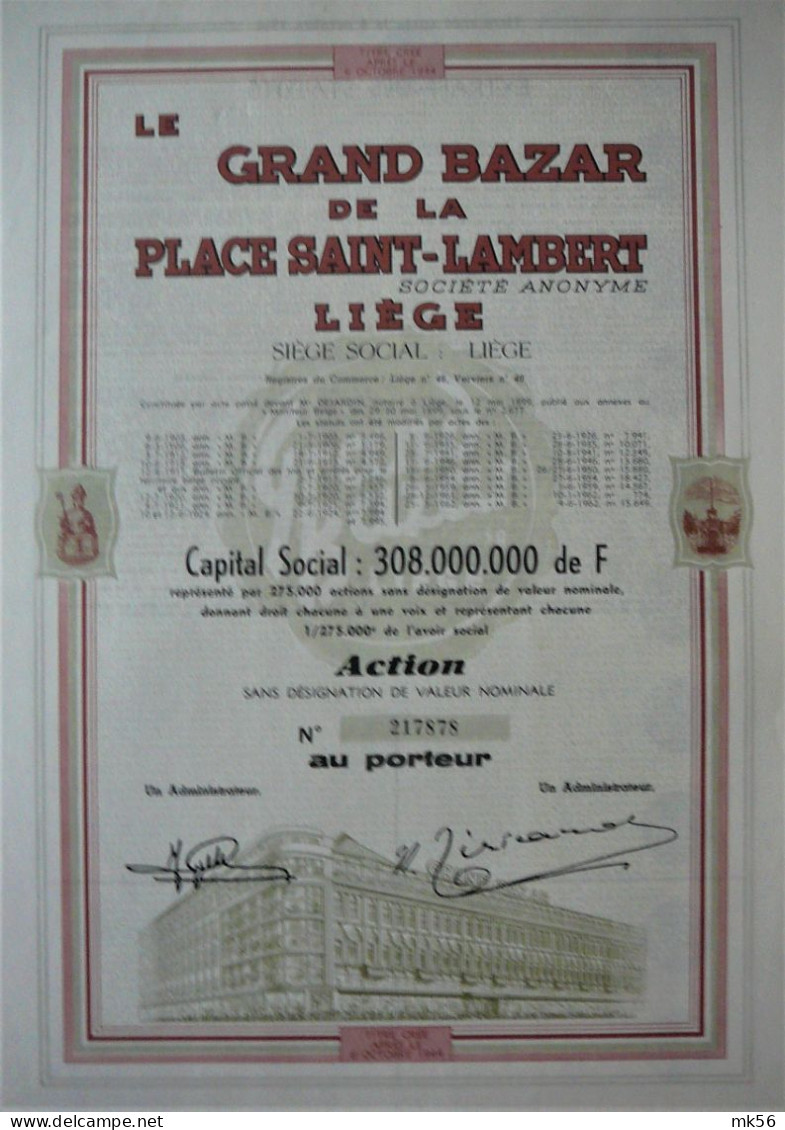 S.A. Le Grand Bazar De La Pl.St.Lambert Liège - Action Au Porteur (1962) - Other & Unclassified