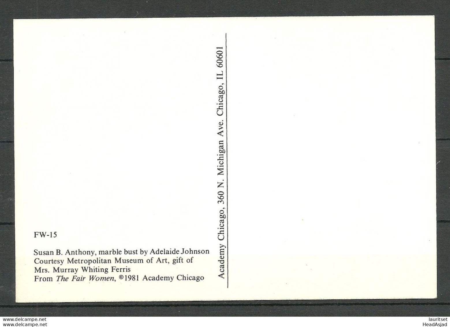 1981 Susan B. Anthony Marble Bust, Printed In USA, Unused - Femmes Célèbres