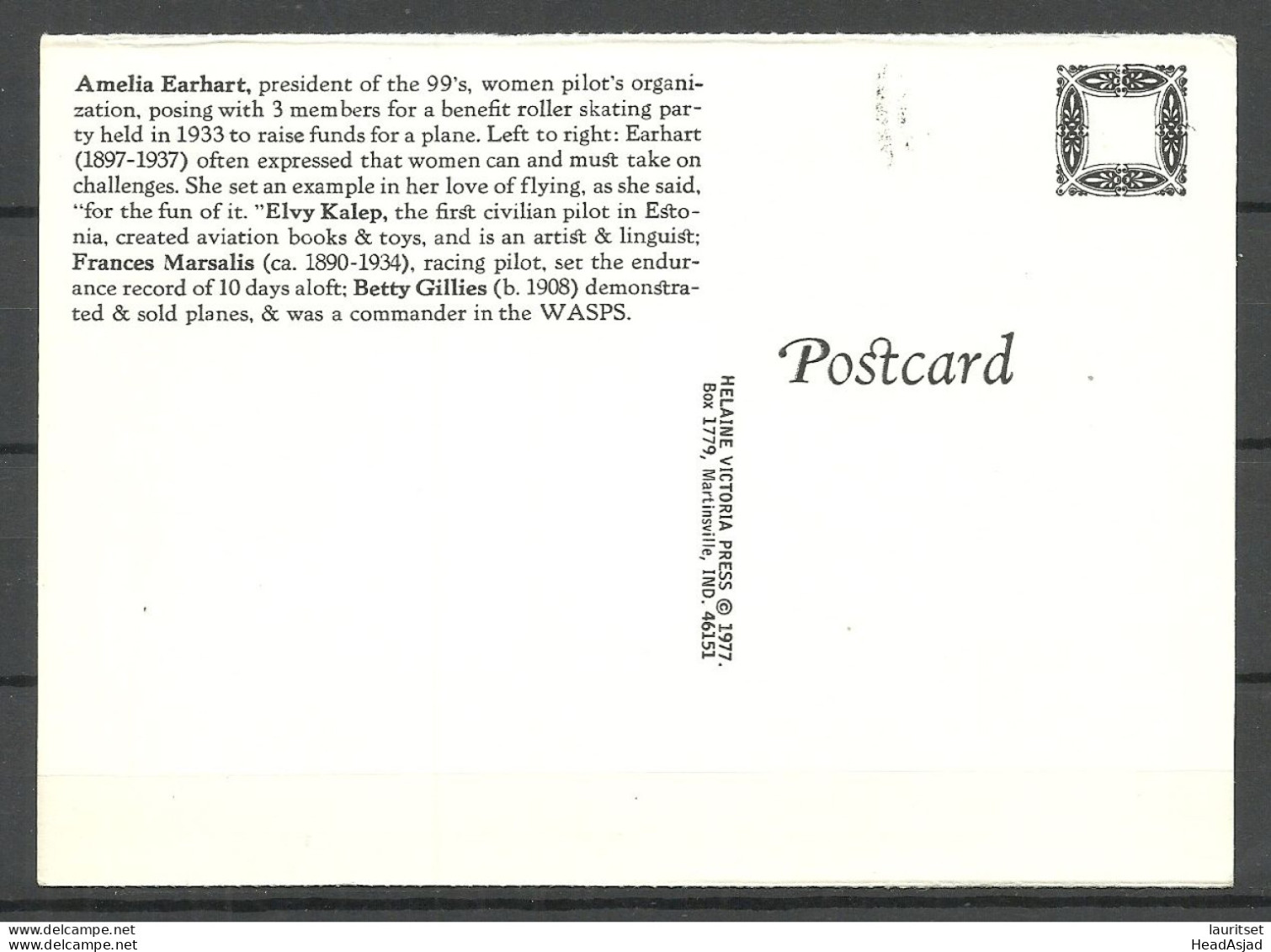 Amelia Earhart, President Of The Women Pilot Organisation Etc. Printed In USA 1977, Unused Aviation Air Plane Flugwesen - Femmes Célèbres