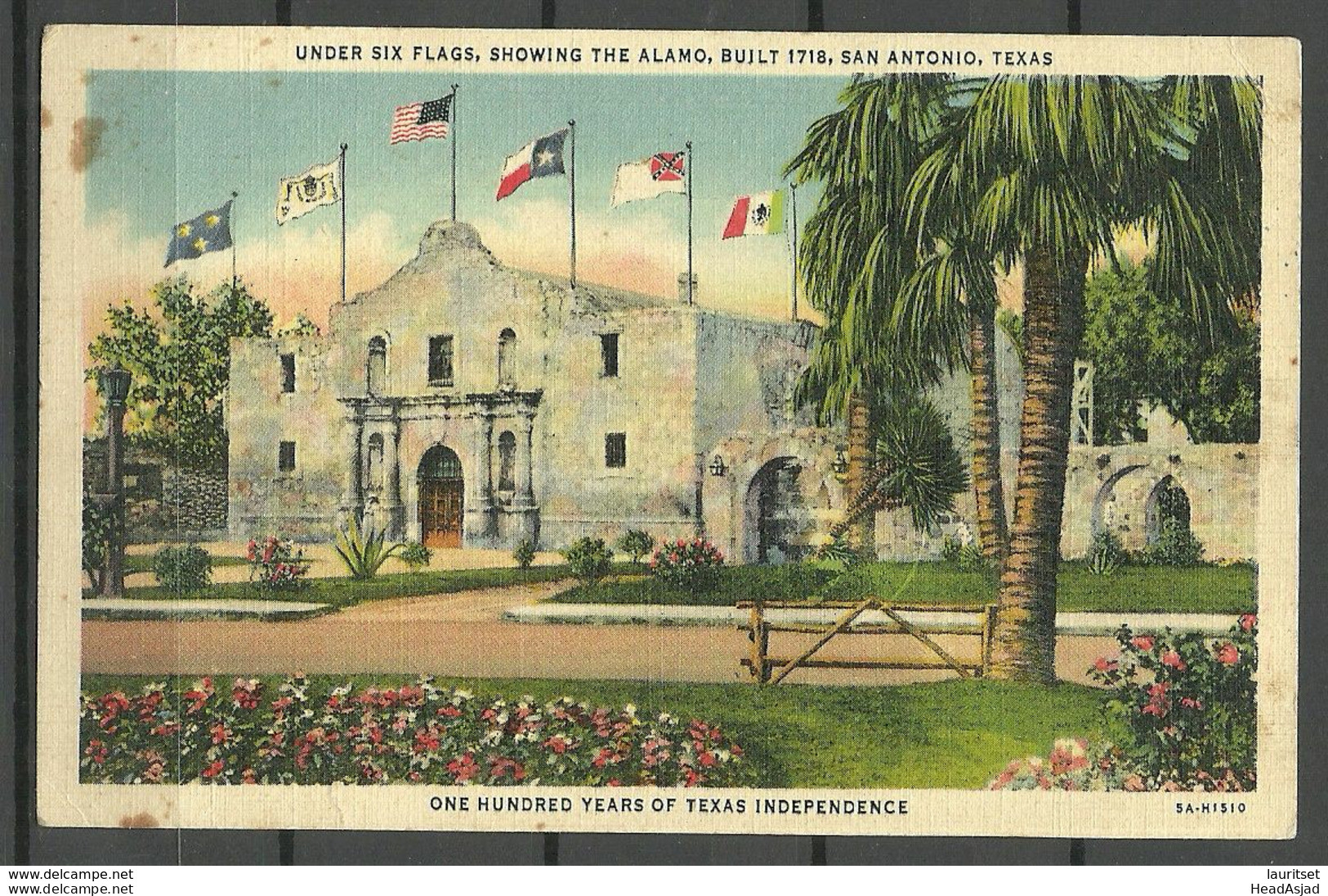 USA Texas Under Six Flags Showing Alamo San Antonio Colored Post Card Weiner News Company Unused - San Antonio