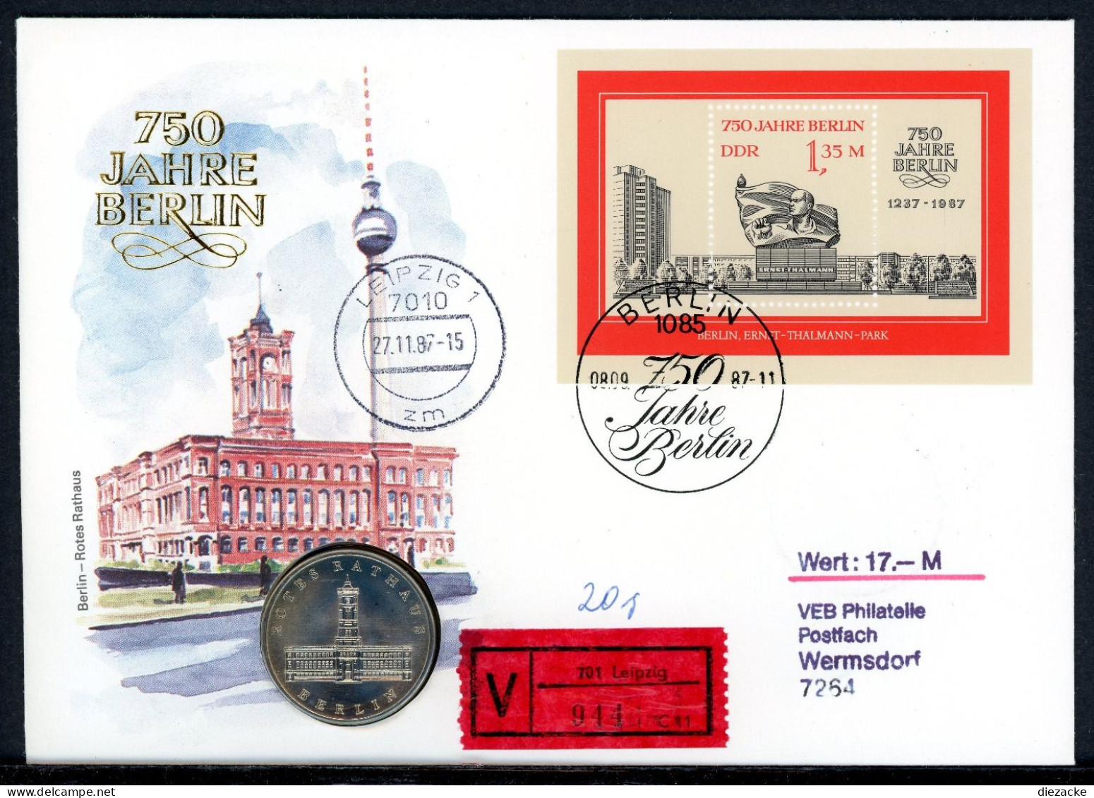 DDR 1987 Numisbrief 5 Mark Rotes Rathaus - Worbes 47.W ST (Num176 - Sonstige & Ohne Zuordnung