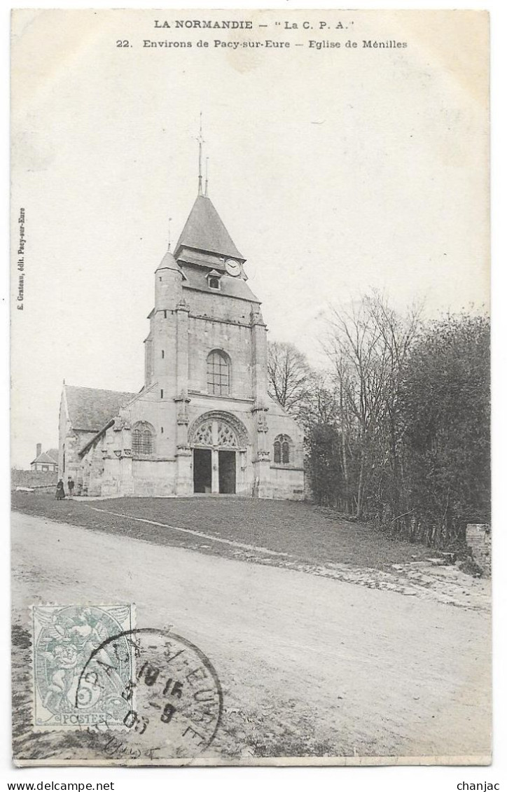 Cpa. 27 MENILLES (ar. Evreux) L'Eglise  (Petite Animation) 1906   N° 22   Ed. Grateau - Sonstige & Ohne Zuordnung