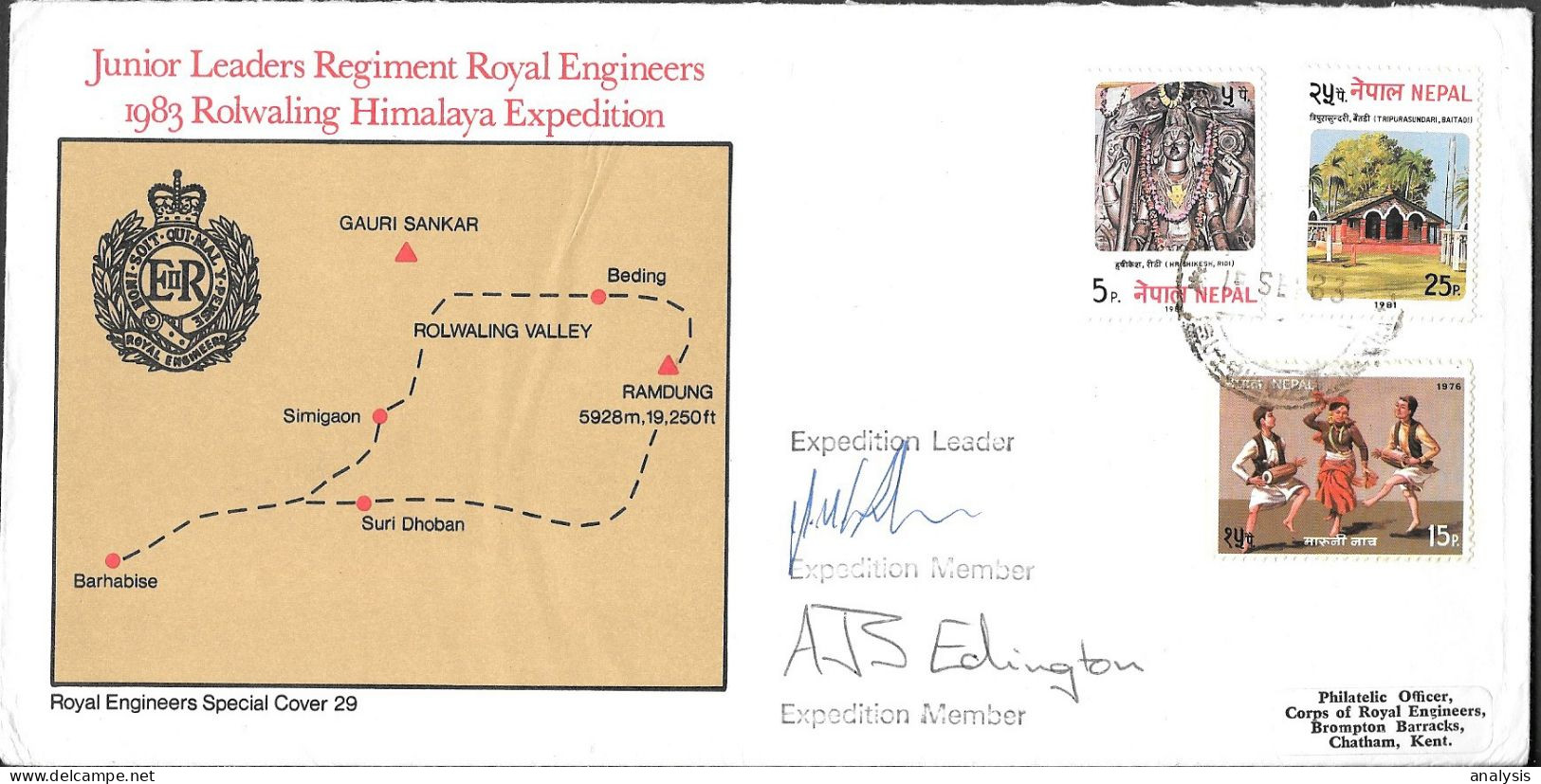 Nepal Rolwaling Himalaya Expedition Signed Cover 1983. Junior Leaders Regiment Royal Engineers - Nepal