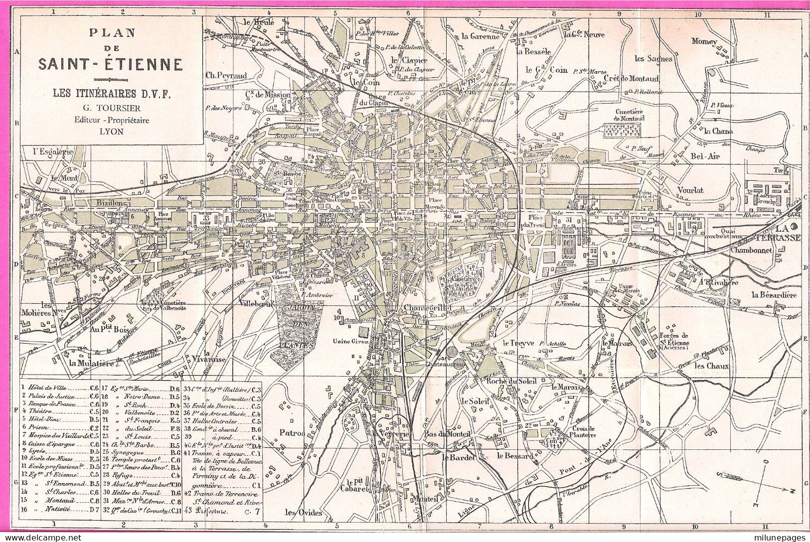 Carte Plan De La Ville De St Stienne Vers 1900 Série Des Itinéraires D.V.F. Par Toursier à Lyon - Strassenkarten