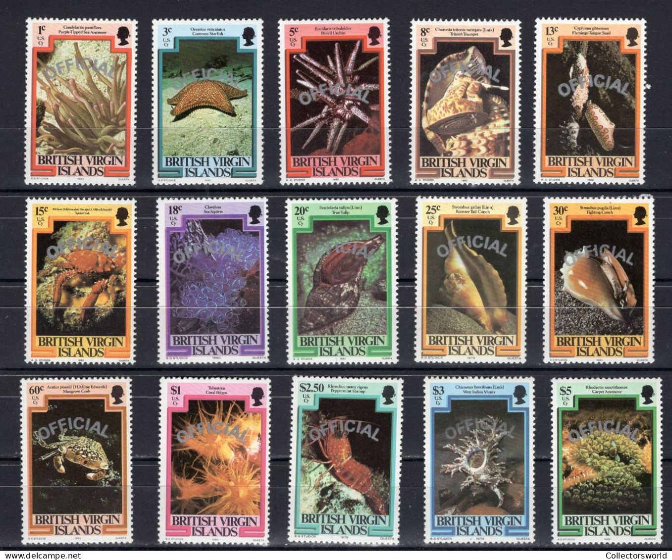 British Virgin Islands Serie 15v 1985 Marine Life Overprint OFFICIAL Of The 1980 Issue Coral Crab Shell MNH - Iles Vièrges Britanniques