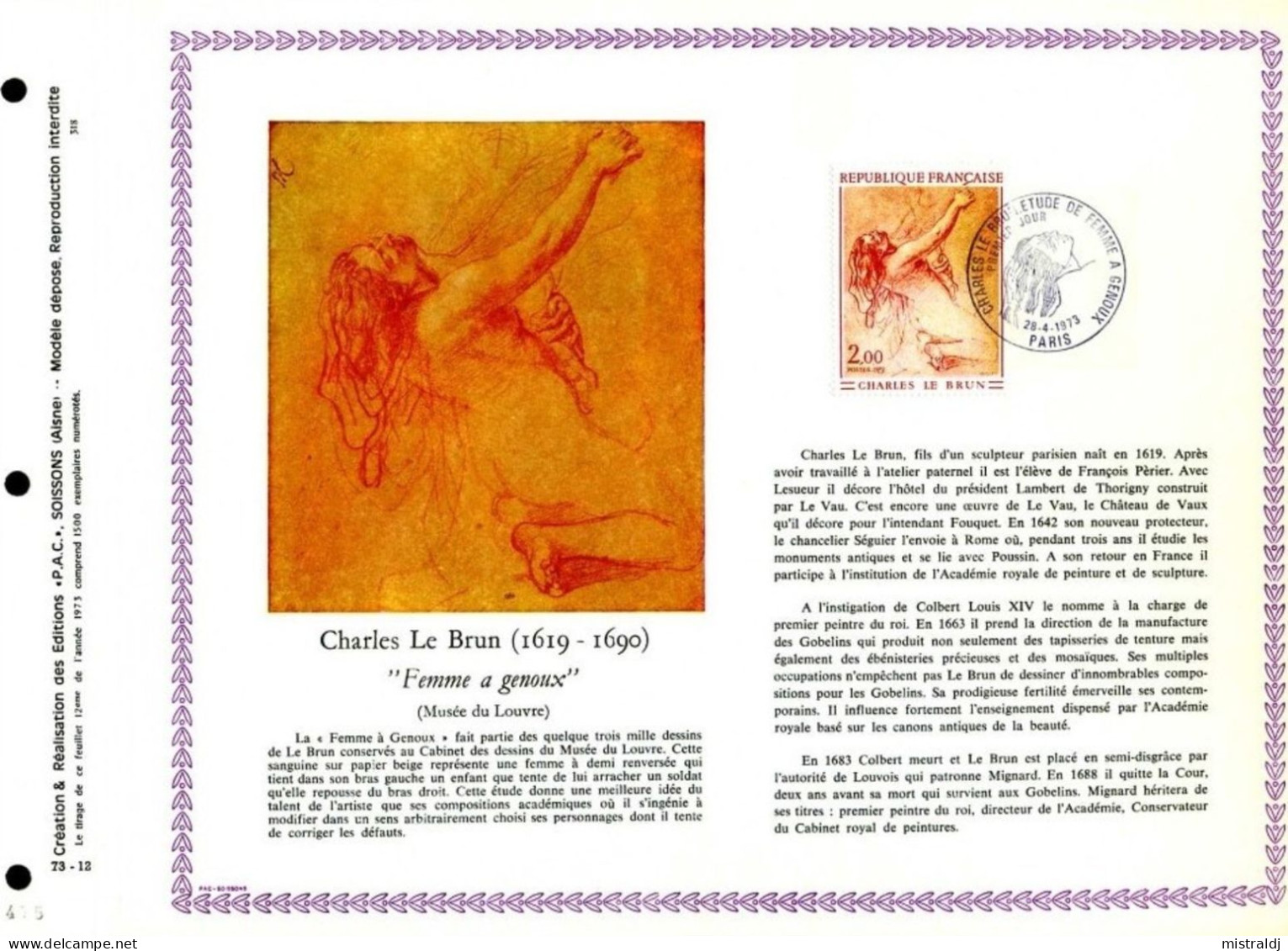 Rare Feuillet PAC (précurseur De CEF) De 1973 - CHARLES LE BRUN (1619-1690) « Femme à Genoux » - 1970-1979
