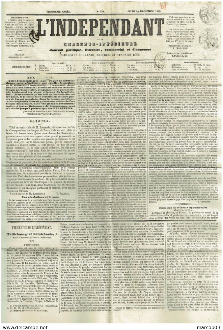 16 CHARENTE MARITIME Journal L'Indépendant Du 24/12/1850  Droit Fiscal/postal + PP De 1 C X 2 + Journal Complet TTB - Estrees Saint Denis