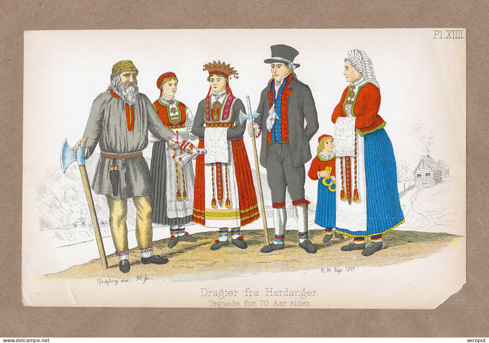 1891 H.M. Kop JOHANNES FLINTOE Folk Costume Study Color Lithograph Plate XIIII Antique Print - Stampe & Incisioni
