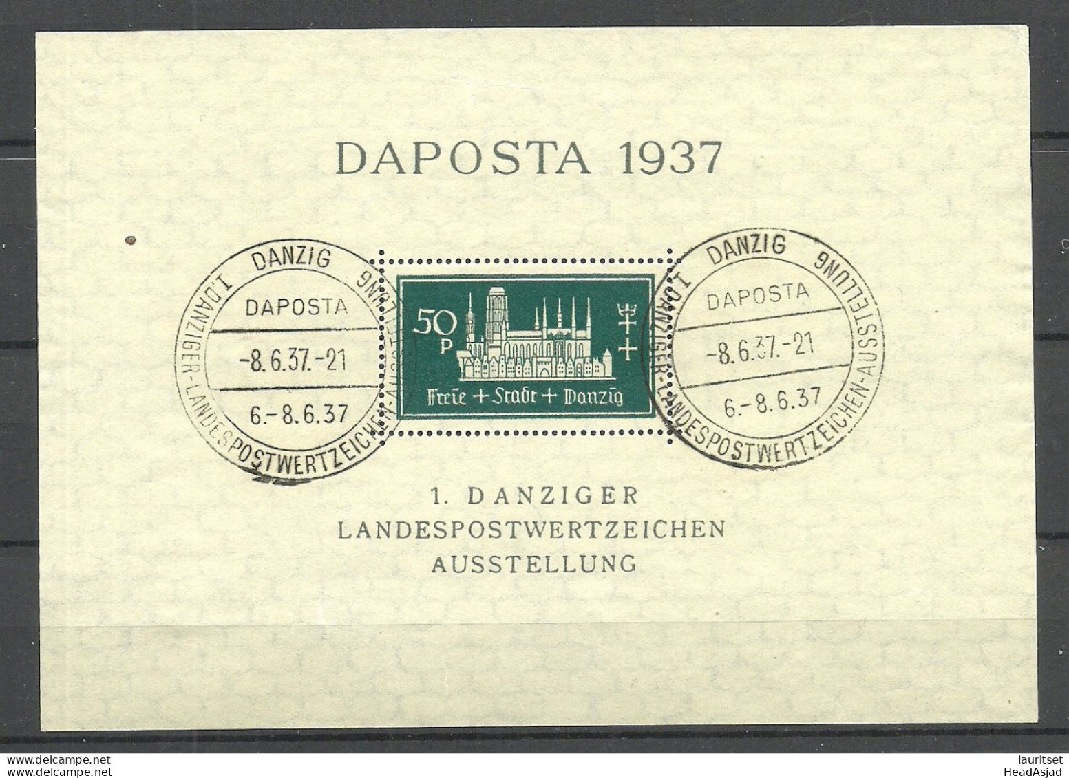 Germany Deutschland DANZIG 1937 S/S Block Michel 1 O Special Cancel Sonderstempel Daposta Exhibition - Oblitérés