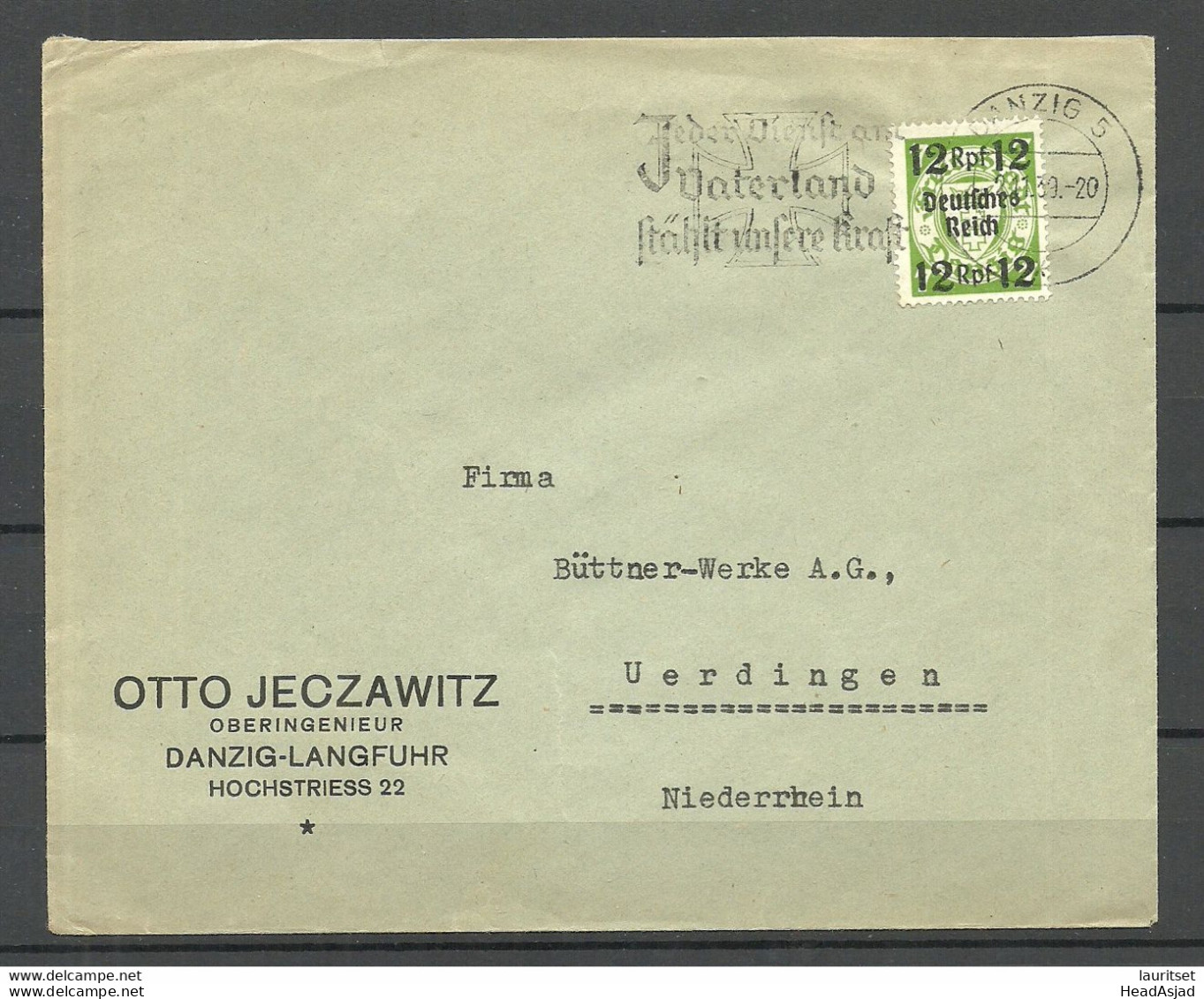 Germany Deutsches Reich 1939 Michel 722 Als Einzelfrankatur Auf Firmenbrief O Danzig & Propagandastempel - Brieven En Documenten
